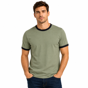 T-shirt Ringer Vert Olive pour Homme, Manches Courtes, Col Rond, Coupe Classique, Couleur Unie, 100% Coton Jersey Tricoté Épais - Product Image 1