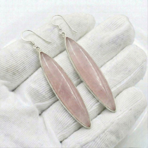 Boucles d'oreilles pendantes en argent sterling 925 faites à la main avec serti clos, quartz rose motif cheval sauvage et longues pierres précieuses marquise pour femme - Product Image 1