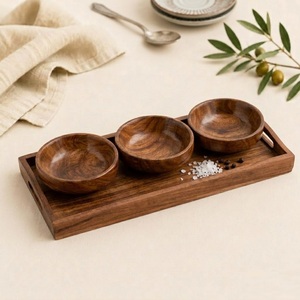 Ensemble de bols à condiments en bois d'acacia artisanal de qualité supérieure avec plateau de service rectangulaire, 3 pièces, plateau écologique en bois pour les sauces et les en-cas - Product Image 4