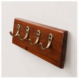 Premium Handcrafted Teakwood Wall Mounted Key Holder with 4 Antique Brass <b>Hooks</b> Wholesale OEM Customization Available - Product Image 5