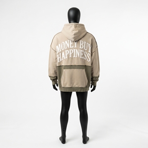 <b>Men</b> Beige Olive Colorblock <b>Hoodie</b> With Raw Edge Seams Embroidered Gothic Graphic <b>Oversized</b> Fit Kangaroo Pocket Custom Streetwear - Product Image 2