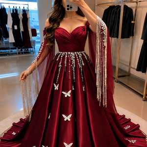 Luxury Burgundy Satin Floor-Length Ball Gown Women Designer Evening Party Dress Natural Watteau Train Butterfly Embroidery - Product Image 2