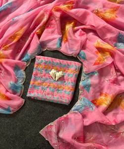 Sari moderne en coton fantaisie à imprimé floral en organza et broderies de perles, avec chemisier non cousu, pour tenue de soirée, prix de gros, vêtement ethnique, multi-usages - Product Image 2