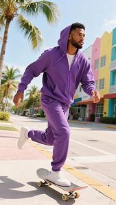 <b>Men's</b> Purple Hooded Sweatshirt And Pants Tracksuit Solid Color Casual Full Sleeve 100% Cotton Breathable Regular Fit - Product Image 5
