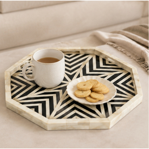 Luxury Handcrafted Bone Inlay Tray Octagonal Black and White Chevron Star Pattern Decorative Serving Platter for Wholesale <b>Home</b> - Product Image 6