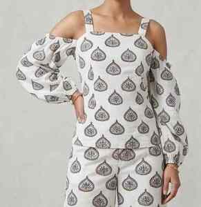 White Printed Co-Ord <b>Set</b> for Women Cold Shoulder Top and Wide Leg Pants Cotton Lounge <b>Set</b> Matching Summer Outfit Resort - Product Image 1