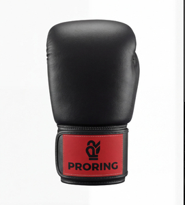 นวมชกมวยหนังแท้สีดำคลาสสิก สายรัดข้อมือสีแดง สำหรับฝึกซ้อมและต่อยมวยไทย - Product Image 1