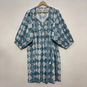 Vestido Casual Midi para Mujer, Tejido 100% Algodón, Estampado Floral Liso, Manga Corta, Cintura Imperio, Estilo Babydoll, Oversize, Cuello en V, Holgado - Product Image 3