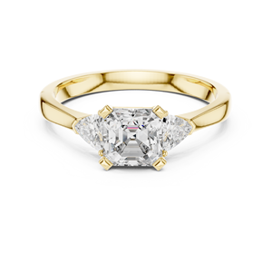 Bague de fiançailles de luxe à trois pierres en moissanite taille Asscher, or jaune 14 carats/platine, avec pierre latérale taille triligne pour femme - Product Image 1