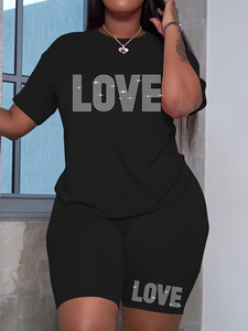 Women 2 Piece Shorts <b>Set</b> Love Rhinestone Print Red Casual Summer Outfit Crew Neck Short Sleeve <b>Knitted</b> Cotton Regular Fit - Product Image 2
