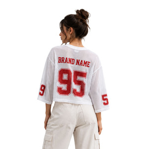 Camiseta Clásica de Fútbol Americano Personalizada, Manga Larga, Blanca, Transparente, de Malla, Unisex, Hombros Caídos, Corte Holgado, Estilo Retro Varsity - Product Image 4