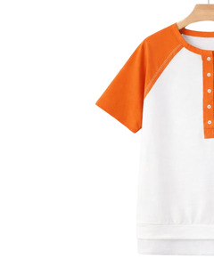 Women White Orange Raglan Sleeve Henley T Shirt Cotton Blend Short Sleeve Casual Summer <b>Top</b> Trendy Comfortable Lightweight Wear - Product Image 3