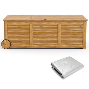 Boîte de rangement extérieure en bois avec 2 roues et poignée latérale, solution de rangement roulante pour patio - Product Image 4