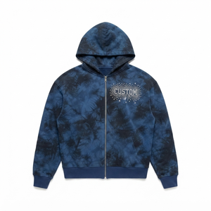 Sudadera con capucha azul personalizada con efecto tie-dye, cremallera y logo de diamantes de imitación, estilo oversize, para streetwear, venta al por mayor, fabricante de marca privada - Product Image 2
