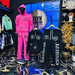 Custom Men's Tracksuit <b>Set</b> 100% Cotton Fleece Heat-Transfer Printed Streetwear Hoodies & Distress Trouser <b>Sets</b> - Product Image 2