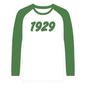 Camiseta blanca de manga larga raglán de la hermandad Iota Phi Lambda, año de fundación 1929, mangas verde esmeralda, ropa con letras griegas, top para mujer - Product Image 1