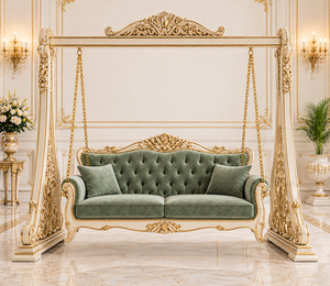Classic White & Gold <b>Wooden</b> <b>Swing</b> with Comfortable Tufted Seating Modern Style Teak Wood Jhoola/Onjhal Floor Standing <b>Swing</b> USA - Product Image 2