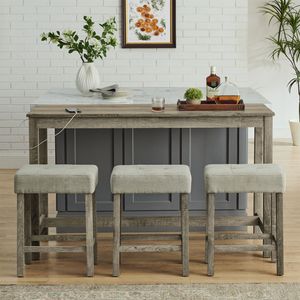 Tavolo Bar con Presa di Corrente da 59 Pollici e 3 Sgabelli Imbottiti, Set di Arredamento per Soggiorno in 4 Pezzi, Combinazione Tavolo e Sedie da Pranzo - Product Image 5