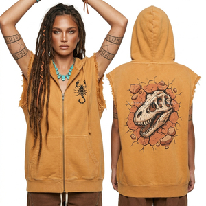 Sweat-shirt sans manches zippé 350 GSM pour femme, imprimé Scorpion sur la poitrine, motif crâne T-Rex au dos, bords bruts, style débardeur musculaire streetwear - Product Image 1