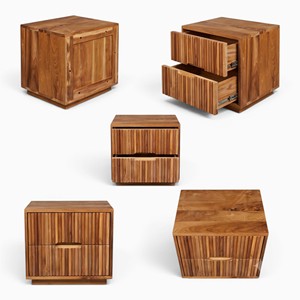 Mesa de Noche con 2 Cajones, Ecológica, de Lujo, Moderna, Minimalista, de Madera de Teca Sólida, Acanalada, para el Hogar, Hotel, Dormitorio - Product Image 1