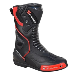 Bottes de moto pour homme, noires et rouges, mi-mollet, en cuir véritable, fermeture éclair, semelle extérieure en caoutchouc résistante à l'abrasion, semelle intermédiaire en EVA - Product Image 1