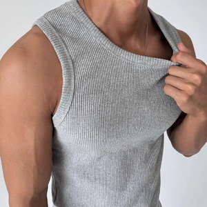Men's <b>Black</b> Cotton Tank <b>Top</b> Custom Logo Front Print Breathable Casual O-Neck Knitted Solid Color Sleeveless <b>Vest</b> - Product Image 2