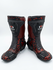 Botas de moto a media pantorrilla con parte superior de PU, suela de cuero genuino, forro impermeable, cierre de cremallera, estampado rojo y negro, estilo de carreras, transpirables, para todo tipo de clima. - Product Image 3