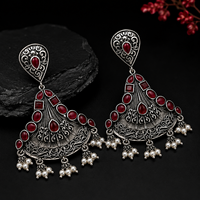 Boucles d'oreilles classiques en laiton, motif floral, argent oxydé, pierre rouge, vente en gros |   Boucles d'oreilles pendantes de qualité supérieure |   Usine directe