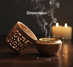 Decorative Barrel Style Wooden Incense Censer Artisan Geometric Carved Oud Holder with Gold Metal Accents for Home and Office - Product Image 2