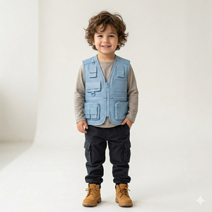 OEM Service <b>Light</b> Blue Leather Uniform Utility Vest Sleeveless Multiple Pockets V-<b>Neck</b> Cargo Pocket Style Unisex All Seasons - Product Image 2