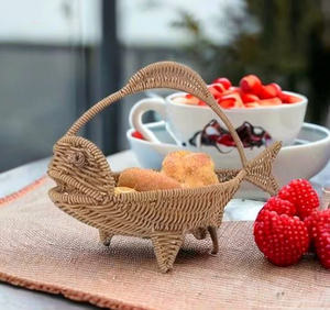 Handwoven Bamboo Rattan Animal Shaped Eco-Friendly Vintage <b>Storage</b> <b>Basket</b> Natural <b>Wicker</b> Handle Beige Color Rustic Design - Product Image 1