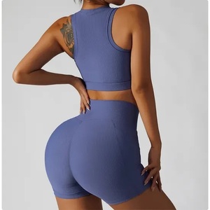 Nouvel ensemble de sport pour femme en polyester recyclé, composé d'un haut à col rond et d'un short taille haute en V, idéal pour le yoga en extérieur. - Product Image 4