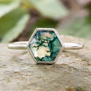 Bague hexagonale en argent sterling 925 avec agate mousse naturelle, sertie à la main, pierre précieuse dendritique verte, bijoux en gros - Product Image 3