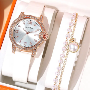 Reloj de Mujer 9827 y 1 Pulsera de Perlas, Conjunto de Reloj Blanco de Moda para Mujer - Product Image 1