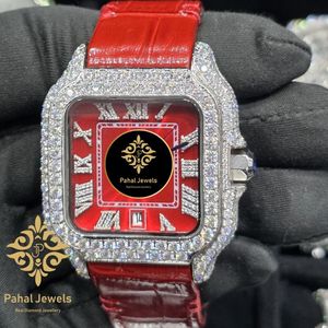 Reloj Mecánico con Esfera Roja, Caja Cuadrada, Bisel de Diamantes, Correa de Cuero, Números Romanos, Estilo Joyería - Product Image 1