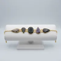 Bracelet en laiton plaqué or avec pierre naturelle, style bohème vintage, forme goutte d'eau, serti clos, bijou unisexe, cadeau
