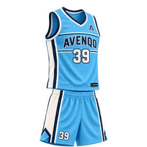 Ensemble d'uniformes de basketball personnalisés pour hommes, bleu ciel et blanc, maillot sans manches à col en V et short avec empiècements latéraux, nom et numéro de l'équipe, kits en gros - Product Image 1