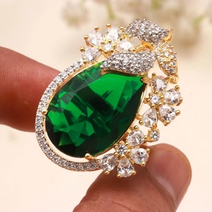 Gold Plated Emerald Green <b>CZ</b> <b>Ring</b> Floral Peacock Statement <b>Ring</b> White <b>CZ</b> Pear Round Stone <b>Ring</b> Adjustable - Product Image 4
