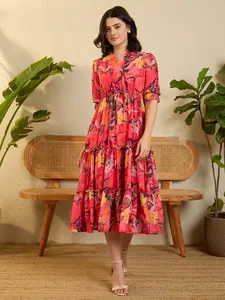 Vestido de Georgette con Estampado Rosa y Volantes, Diseño de Alta Gama, Ropa de Diseñador de Moda para Fiestas y Estilo Único para Exportación - Product Image 2