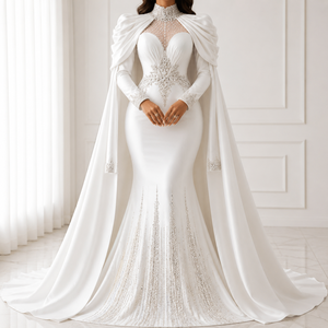 Vestido de Noche Largo de Lujo Blanco con Corte en A, Manga Larga, Capa, Bordado de Cristales, Cuello en V, Tela de Tul, Vestido Formal para Mujer, Boda - Product Image 1