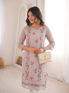 Indian Designer Women's Silk Kurti Pent Heavy <b>Chikankari</b> Embroidery Georgette Silk Fabric Wedding/Party Wear Semi-Stitched - Product Image 2