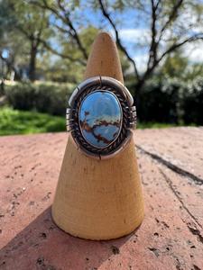 Handcrafted Oval Golden Hills <b>Turquoise</b> <b>Ring</b> Sterling Silver Size 6.75 Boho Southwestern Statement Jewelry Gift for Her - Product Image 1