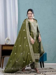 Costume de créateur moderne en soie Chinnon pure vert olive, brodé, avec dupatta lourd, idéal pour les fêtes, mariages et Diwali - Product Image 3