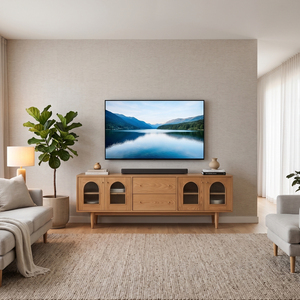 Meuble TV moderne en bois, console multimédia nordique, buffet avec porte vitrée pour salon - Product Image 3