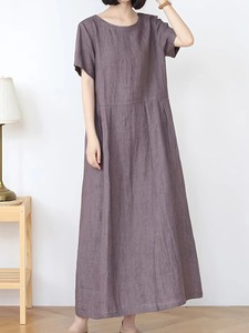 Robe longue en lin à col rond et manches courtes, coupe ample, couleur unie, respirante, décontractée, pour femme, idéale pour l'été - Product Image 3