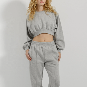 Women's Black 2-Piece Winter Casual <b>Set</b> Cropped <b>Sweater</b> Jogger Pants Full Sleeve Loose Fit Solid Color Fleece Knitted Cotton - Product Image 2