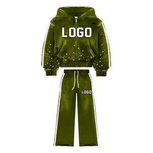 Ensemble survêtement homme personnalisé avec logo, fabriqué en usine, en coton 100% délavé à l'acide, avec strass, fermeture éclair intégrale, grande taille, coupe oversize - Product Image 3