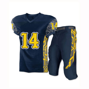 Custom American Football Uniform Set Men's Navy Blue Jersey With Gray <b>Padded</b> Pants V-<b>Neck</b> Short Sleeve Sublimated Print - Product Image 5