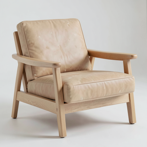 Fauteuil de salon en cuir de vachette véritable avec structure en bois naturel, chaise longue moderne pour l'ameublement intérieur - Product Image 1