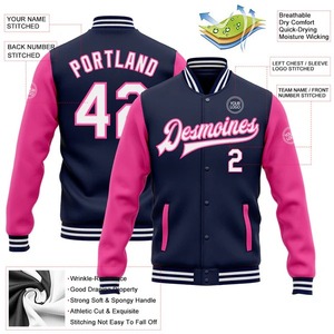 Navy <b>White</b> Pink Custom Varsity <b>Jacket</b> Full Snap Two Tone Letterman <b>Jacket</b> Bomber <b>Jacket</b> <b>Men</b> Outdoor Casual Baseball <b>Jacket</b> - Product Image 2